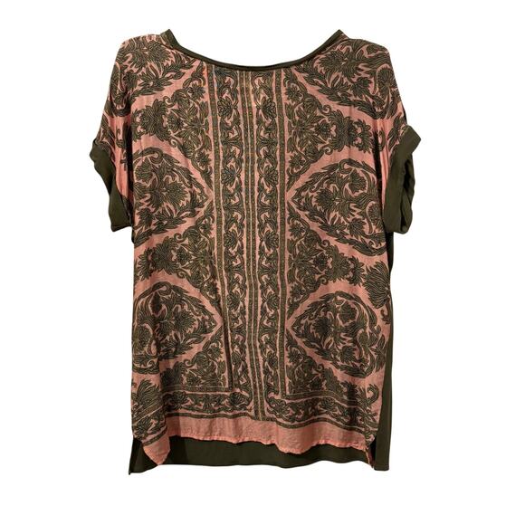 Sundance Sage and Peach Leaf Print Silk and Rayon Short Sleeve Tee S - Picture 1 of 6